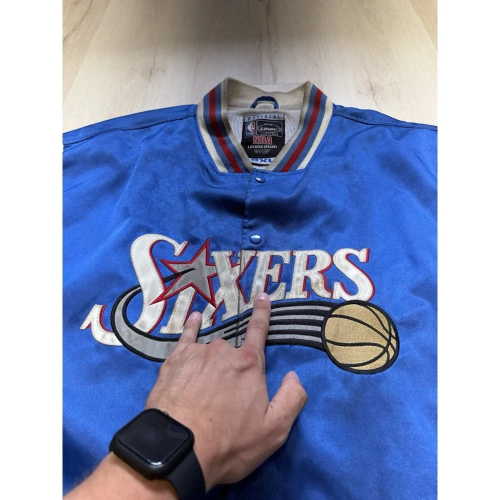 Philadelphia 76ers NBA Satin Button Up Jacket Coat UNK Men's Size 2XL Blue Snap